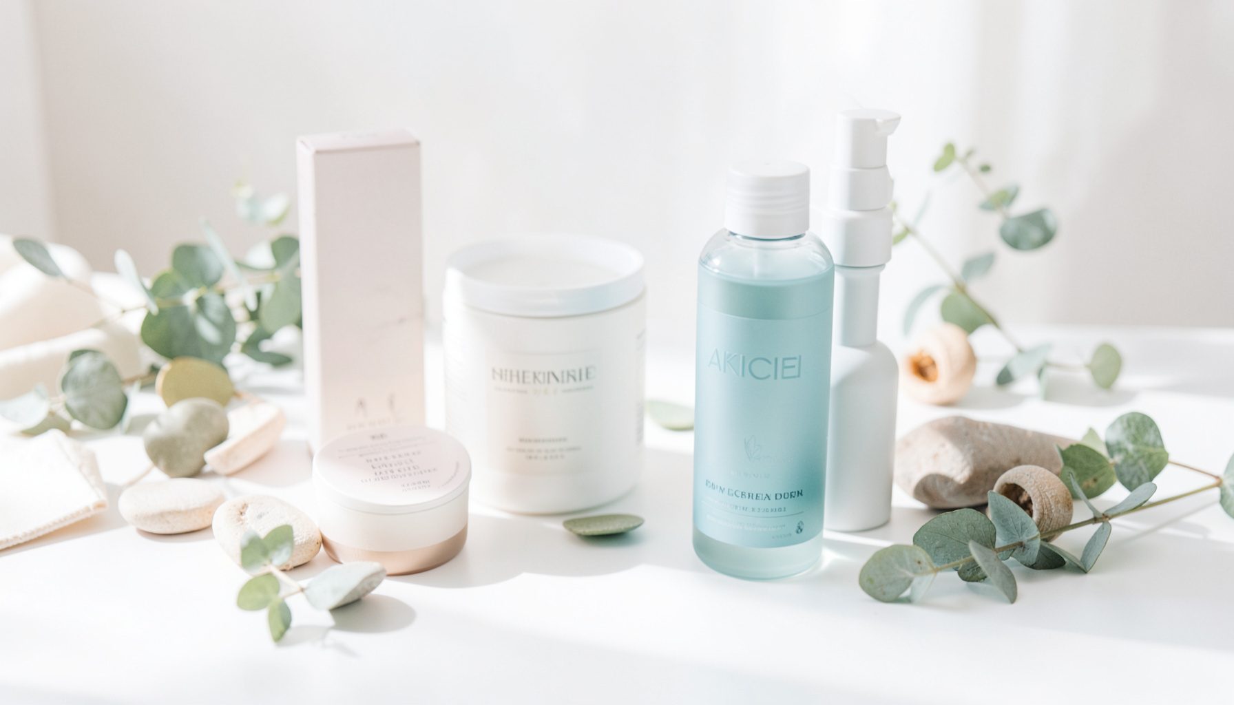 Soft natural light falls across an arrangement of wellness products on a clean white surface, with gentle botanical accents in muted greens and warm neutrals.