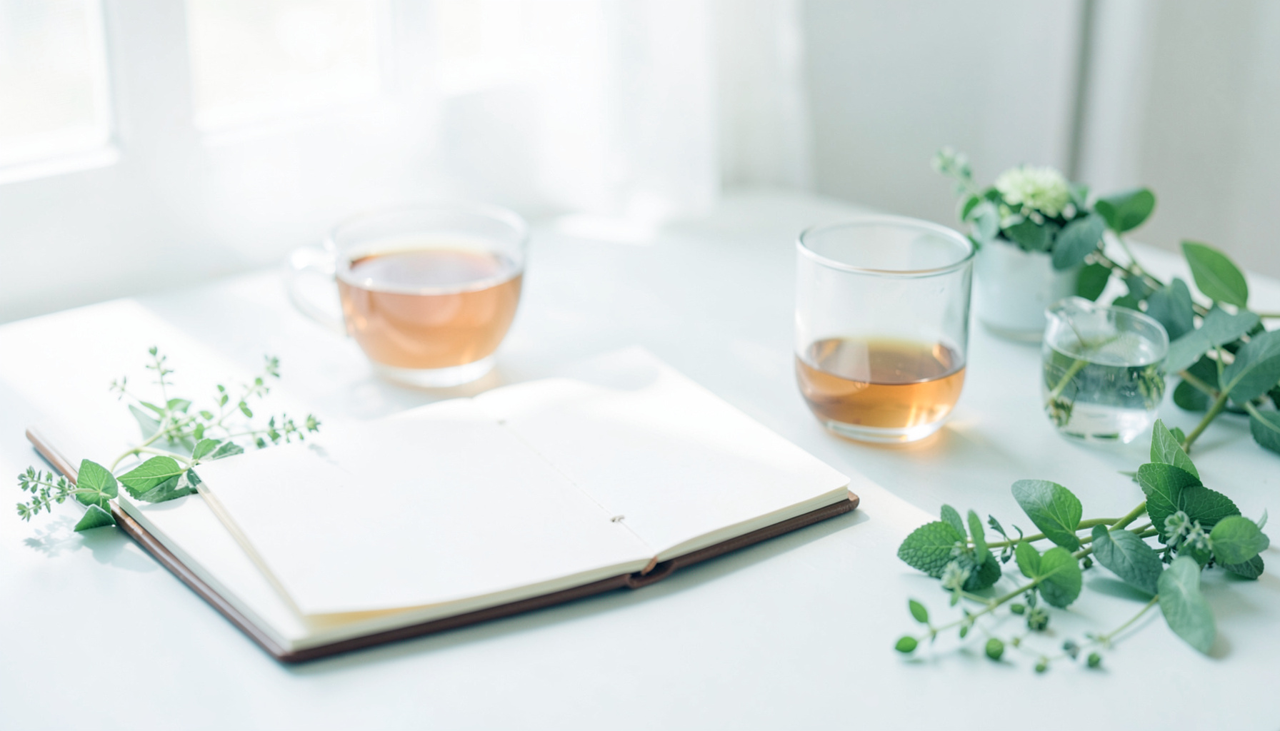 Soft natural light falling across a clean desk with a notebook, a cup of herbal tea, and fresh green botanicals, creating a calm wellness atmosphere.